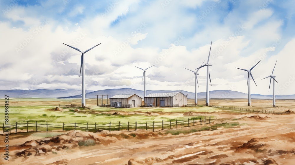 A field of wind turbines generates clean energy. A field of wind turbines generates clean energy.
