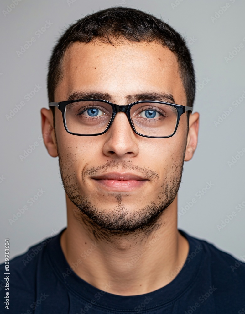 ID Photo for Passport : European young adult man with straight short black hair and blue eyes, stubble, with glasses and wearing a navy t-shirt ID Photo for Passport : European young adult man with straight short black hair and blue eyes, stubble, with glasses and wearing a navy t-shirt