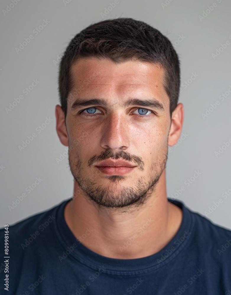 ID Photo for Passport : European young adult man with straight short black hair and blue eyes, stubble, without glasses and wearing a navy t-shirt ID Photo for Passport : European young adult man with straight short black hair and blue eyes, stubble, without glasses and wearing a navy t-shirt