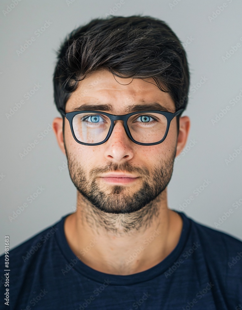 ID Photo for Passport : European young adult man with straight short black hair and blue eyes, stubble, with glasses and wearing a navy t-shirt ID Photo for Passport : European young adult man with straight short black hair and blue eyes, stubble, with glasses and wearing a navy t-shirt