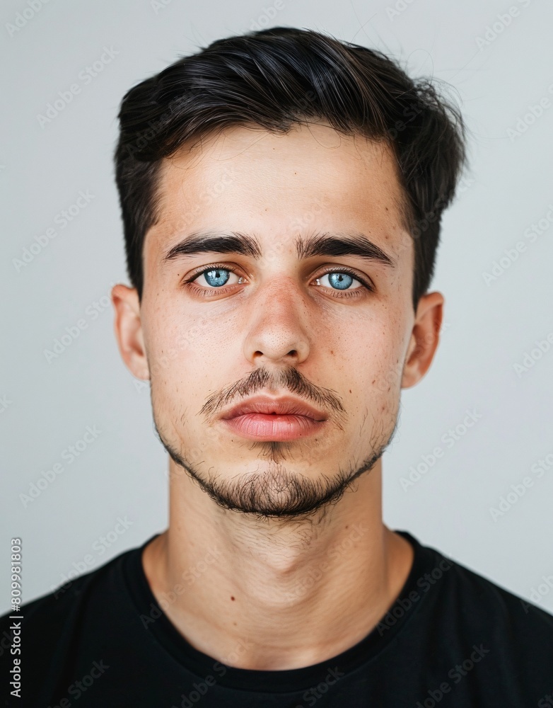 Obraz premium ID Photo for Passport : European young adult man with straight short black hair and blue eyes, thin mustache, without glasses and wearing a black t-shirt