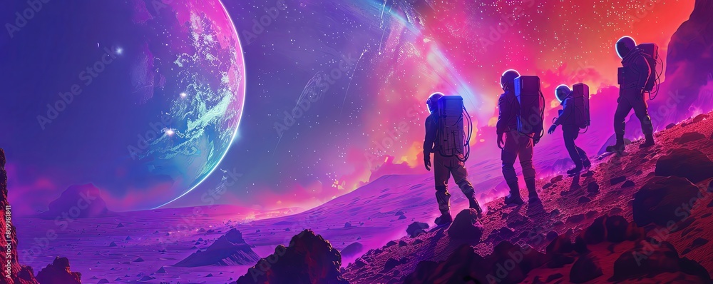 Illustrate a group of explorers in space-age gear marveling at a breathtaking holographic map of a vibrant alien planet Play with contrasting colors to convey the wonder and thrill of pioneering Illustrate a group of explorers in space-age gear marveling at a breathtaking holographic map of a vibrant alien planet Play with contrasting colors to convey the wonder and thrill of pioneering