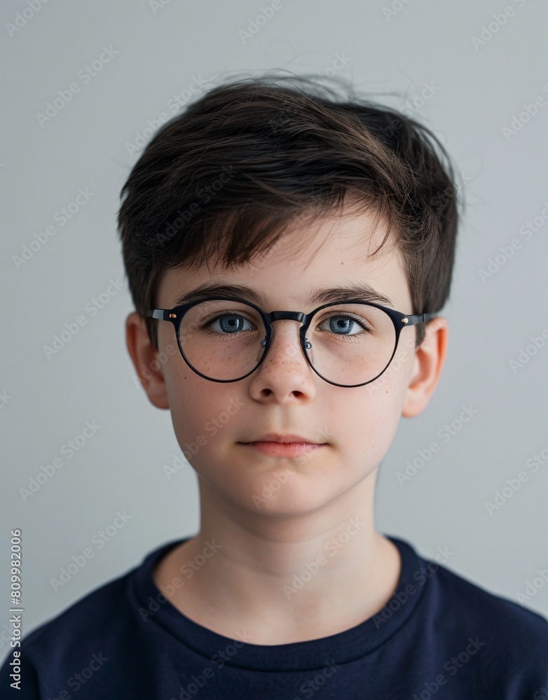 ID Photo for Passport : European teenager boy with straight short black hair and blue eyes, with glasses and wearing a navy t-shirt ID Photo for Passport : European teenager boy with straight short black hair and blue eyes, with glasses and wearing a navy t-shirt