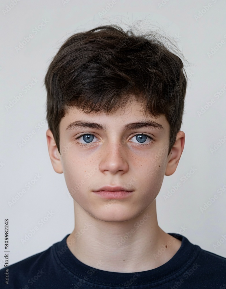 ID Photo for Passport : European teenager boy with straight short black hair and blue eyes, without glasses and wearing a navy t-shirt ID Photo for Passport : European teenager boy with straight short black hair and blue eyes, without glasses and wearing a navy t-shirt