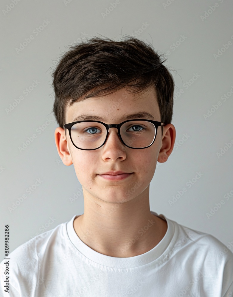 Fototapeta premium ID Photo for Passport : European teenager boy with straight short black hair and blue eyes, with glasses and wearing a white t-shirt