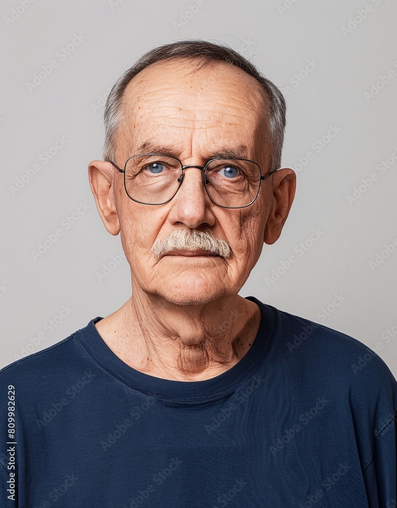 Obraz premium ID Photo for Passport : European elderly person man with straight short black hair and blue eyes, thin mustache, with glasses and wearing a navy t-shirt