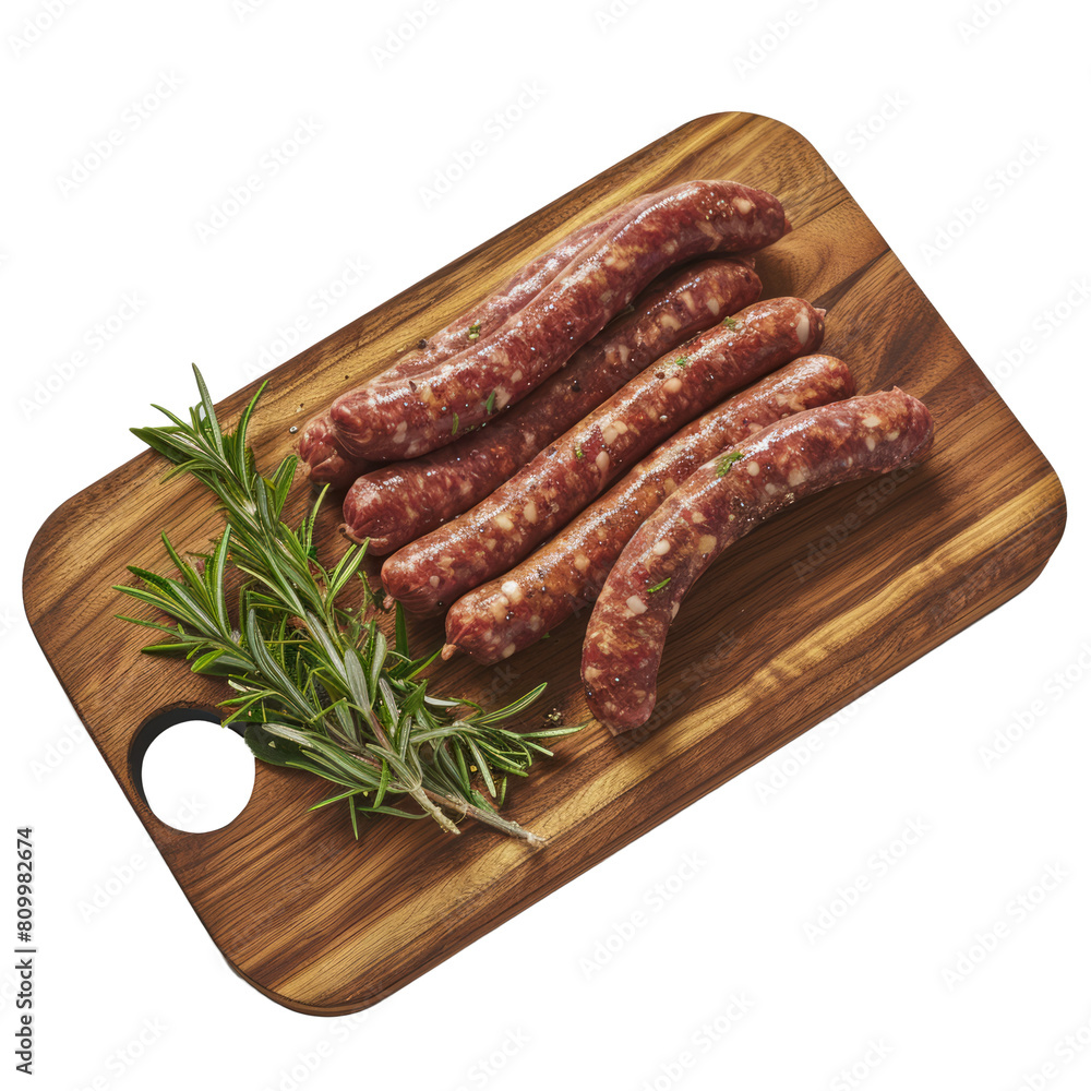 wooden board, adorned with a selection of raw, organic sausages, against a pure white background. wooden board, adorned with a selection of raw, organic sausages, against a pure white background.