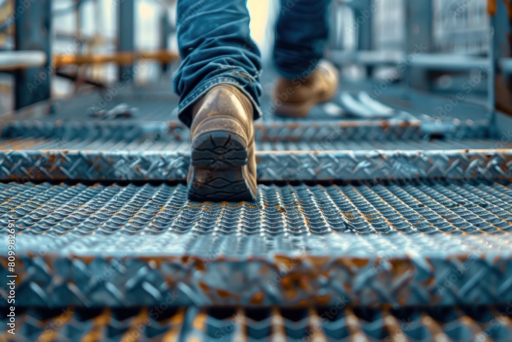 Close up of worker walking on metal platform at construction site, Construction Workers Craft Steel Reinforcement Bars, Movin forward, success, grow up concept. Rear view, close up shoes. Generated AI Close up of worker walking on metal platform at construction site, Construction Workers Craft Steel Reinforcement Bars, Movin forward, success, grow up concept. Rear view, close up shoes. Generated AI