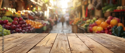 Wooden table product staging with a backdrop of a bustling market scene, vibrant and colorful