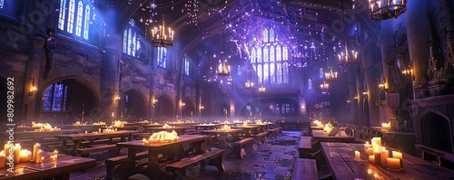 Produce a stunning capturing a panoramic view of a wizard schools graduation ceremony Infuse it with vibrant magical lights, illuminating the scene.