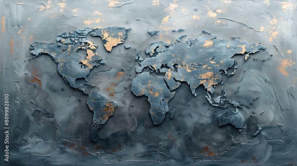Fototapeta premium Grey metallic world map perfect for business websites, representing global connectivity and professionalism. Ideal backdrop for corporate presentations and digital platforms