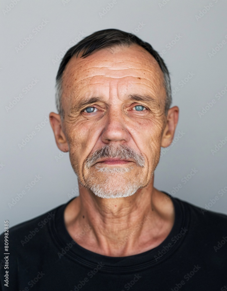 Obraz premium ID Photo for Passport : European elderly person man with straight short black hair and blue eyes, thin mustache, without glasses and wearing a black t-shirt
