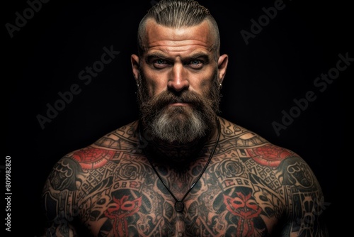 Tattooed tribe man portrait. Face body senior face claw. Generate Ai