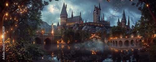 Produce a stunning capturing a panoramic view of a wizard schools graduation ceremony Infuse it with vibrant magical lights, illuminating the scene in a mesmerizing manner
