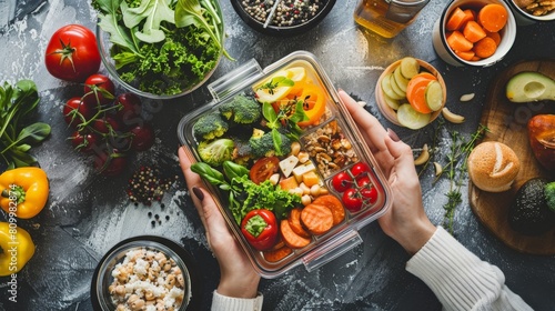 A woman holding a meal prep container filled with healthy food.