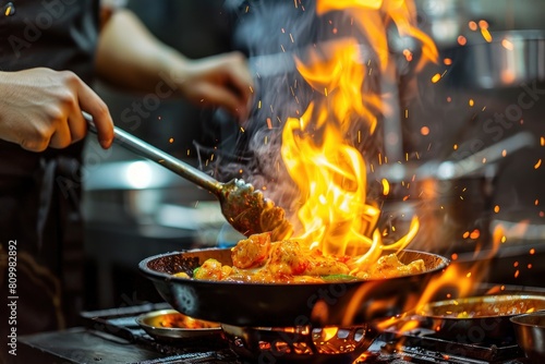 Professional chef hands cook food with fire in kitchen, Flames engulf the contents of a pan held by a chef over a gas stove, Chef's hands in close-up using fire to cook food. Generated AI