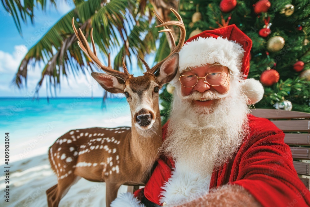 Santa Clause and his reindeers on a tropical exotic island, seacoast or beach landscape in the background, unusual funny Christmas photo for banner, article, advertisement, AI generated image Santa Clause and his reindeers on a tropical exotic island, seacoast or beach landscape in the background, unusual funny Christmas photo for banner, article, advertisement, AI generated image