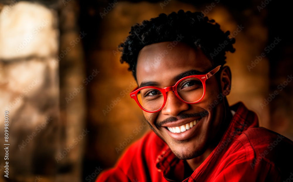 A man with red glasses and a red shirt smiles at the camera. A man with red glasses and a red shirt smiles at the camera.