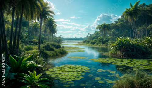 A river surrounded by palm trees and lush greenery.