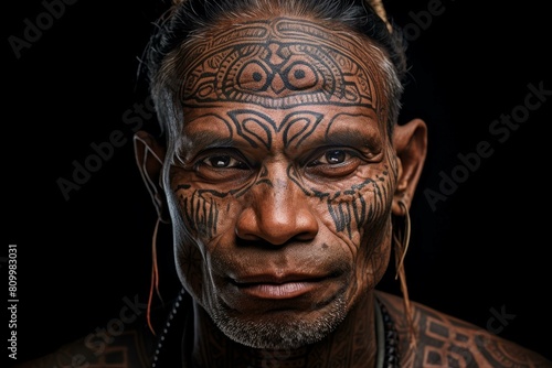 Tattooed tribe man forest shot. Face old male west look. Generate Ai