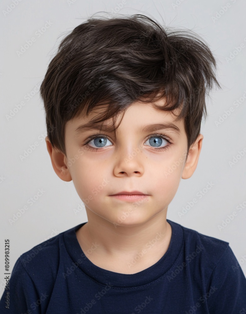 ID Photo for Passport : European child boy with straight short black hair and blue eyes, without glasses and wearing a navy t-shirt ID Photo for Passport : European child boy with straight short black hair and blue eyes, without glasses and wearing a navy t-shirt