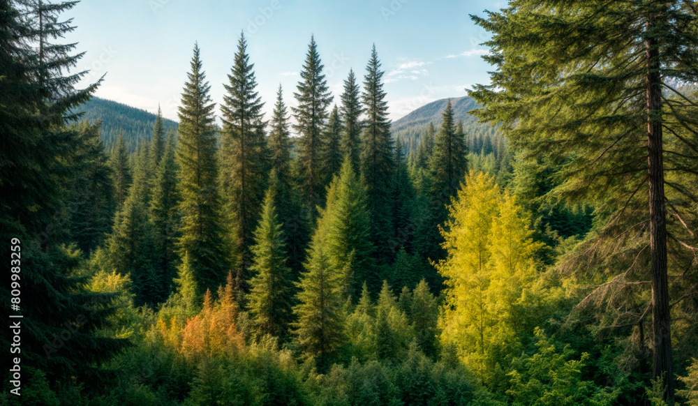A dense forest of evergreen trees with a mountain range in the background. A dense forest of evergreen trees with a mountain range in the background.