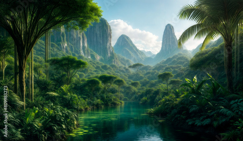 A lush river flows through a dense jungle, framed by towering cliffs and mountains in the background. 