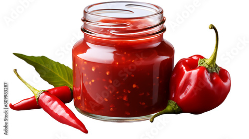 A jar of red chili sauce with dried peppers isolated on a white background