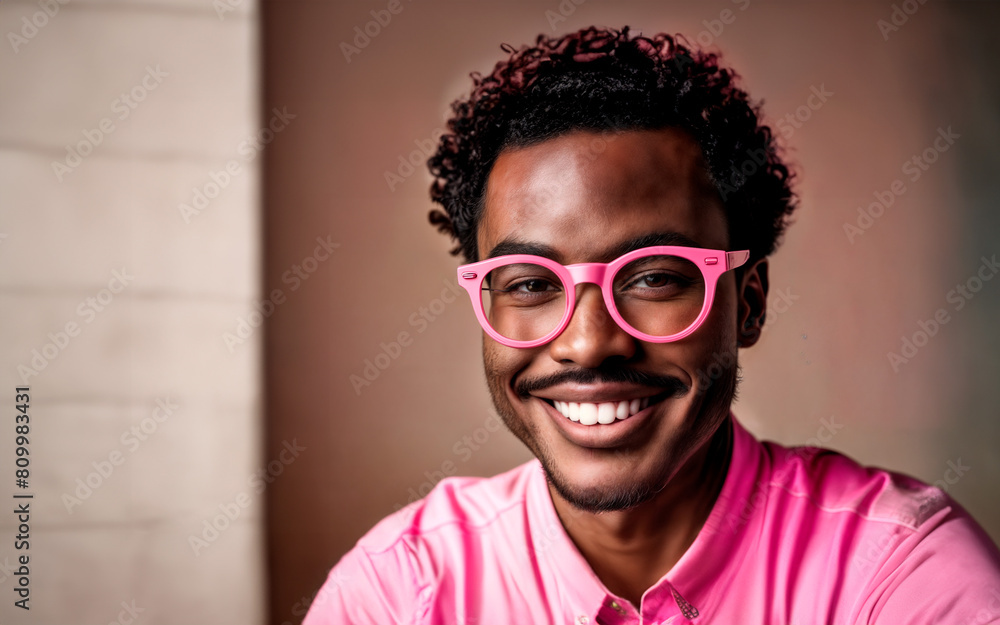 A man wearing a pink shirt and pink glasses smiles at the camera. A man wearing a pink shirt and pink glasses smiles at the camera.
