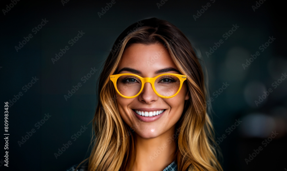 A woman with long blonde hair and yellow glasses stands in front of a black background. A woman with long blonde hair and yellow glasses stands in front of a black background.