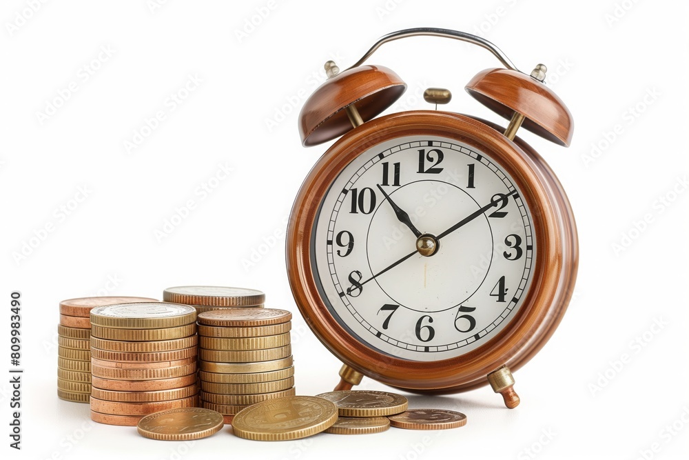 Retro alarm clock and coins stack . Retirement planning. money saving and Investment.