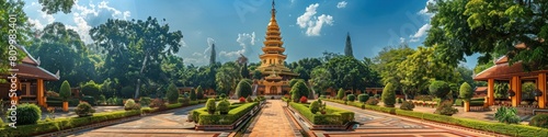 Majestic Golden Pagoda Towering Over Lush Gardens at Tranquil Buddhist Temple in Thailand © Sittichok