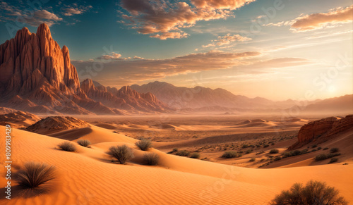 A vast desert landscape with sand dunes, rocky mountains, and a blue sky with clouds.