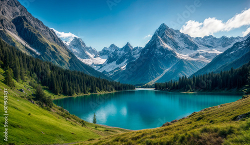 A large, bright blue lake surrounded by mountains and greenery.