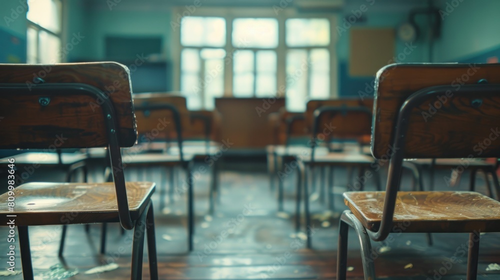 School classroom in blur background without young student. Blurry view of elementary class room no kid or teacher with chairs and tables in campus. Back to school concept. Generated AI School classroom in blur background without young student. Blurry view of elementary class room no kid or teacher with chairs and tables in campus. Back to school concept. Generated AI