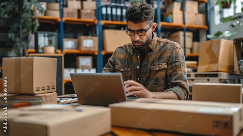 Small business owner is working on a laptop in the warehouse,Small business owner is working on a laptop in the warehouse,An online retailer getting ready to send. Generated AI