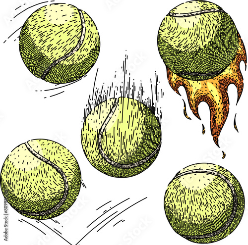 tennis ball set hand drawn. racket green, tenis object, macro view tennis ball vector sketch. isolated color illustration