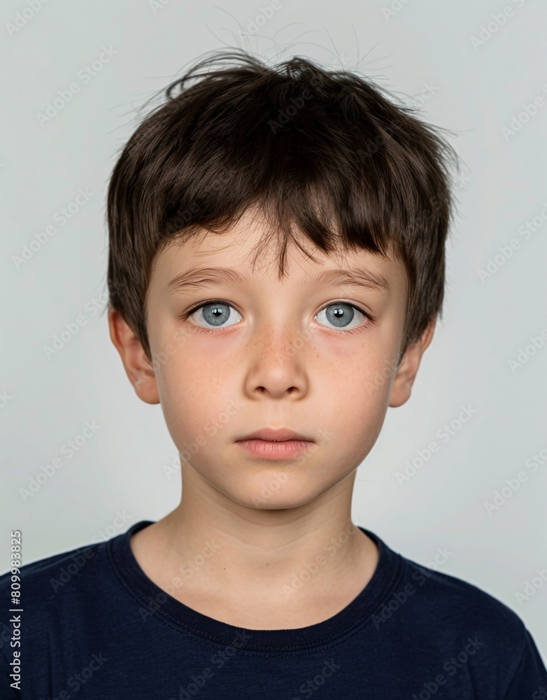 ID Photo for Passport : European child boy with straight short black hair and blue eyes, without glasses and wearing a navy t-shirt ID Photo for Passport : European child boy with straight short black hair and blue eyes, without glasses and wearing a navy t-shirt