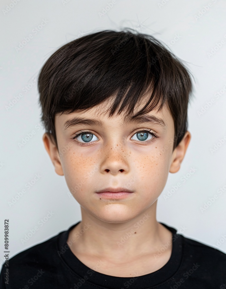ID Photo for Passport : European child boy with straight short black hair and blue eyes, without glasses and wearing a black t-shirt ID Photo for Passport : European child boy with straight short black hair and blue eyes, without glasses and wearing a black t-shirt