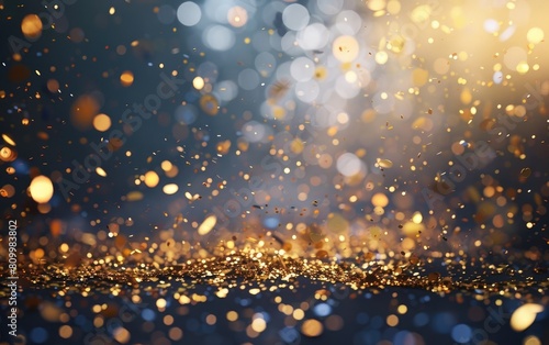 Golden confetti explosions on a dark background with shimmering motes. photo