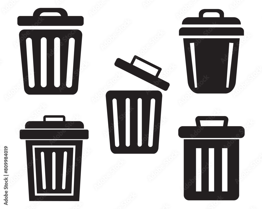 Trash bin icon set. Black vector trash feel dustbin sign elements icon, Vector isolated icons. Trash bin icon set. Black vector trash feel dustbin sign elements icon, Vector isolated icons.