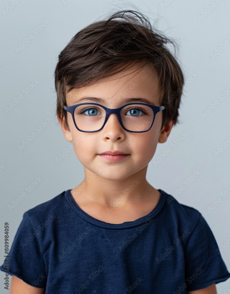 ID Photo for Passport : European child boy with straight short black hair and blue eyes, with glasses and wearing a navy t-shirt ID Photo for Passport : European child boy with straight short black hair and blue eyes, with glasses and wearing a navy t-shirt