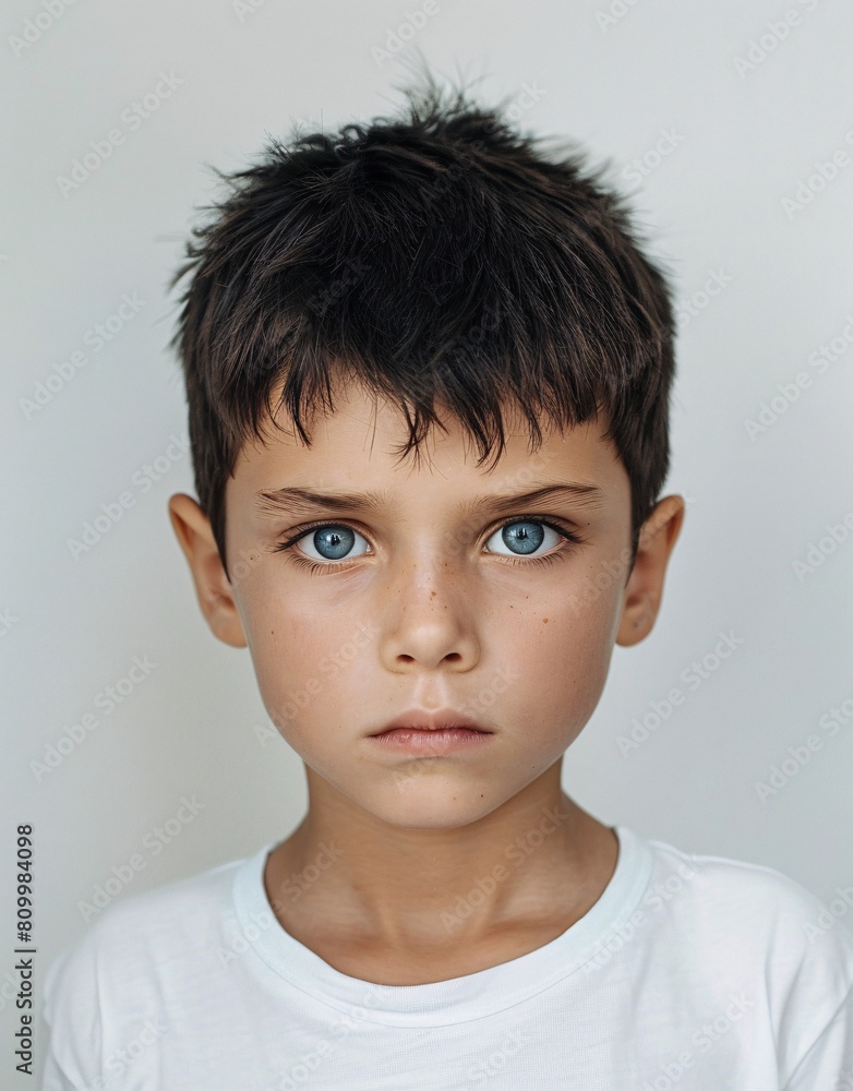 ID Photo for Passport : European child boy with straight short black hair and blue eyes, without glasses and wearing a white t-shirt ID Photo for Passport : European child boy with straight short black hair and blue eyes, without glasses and wearing a white t-shirt