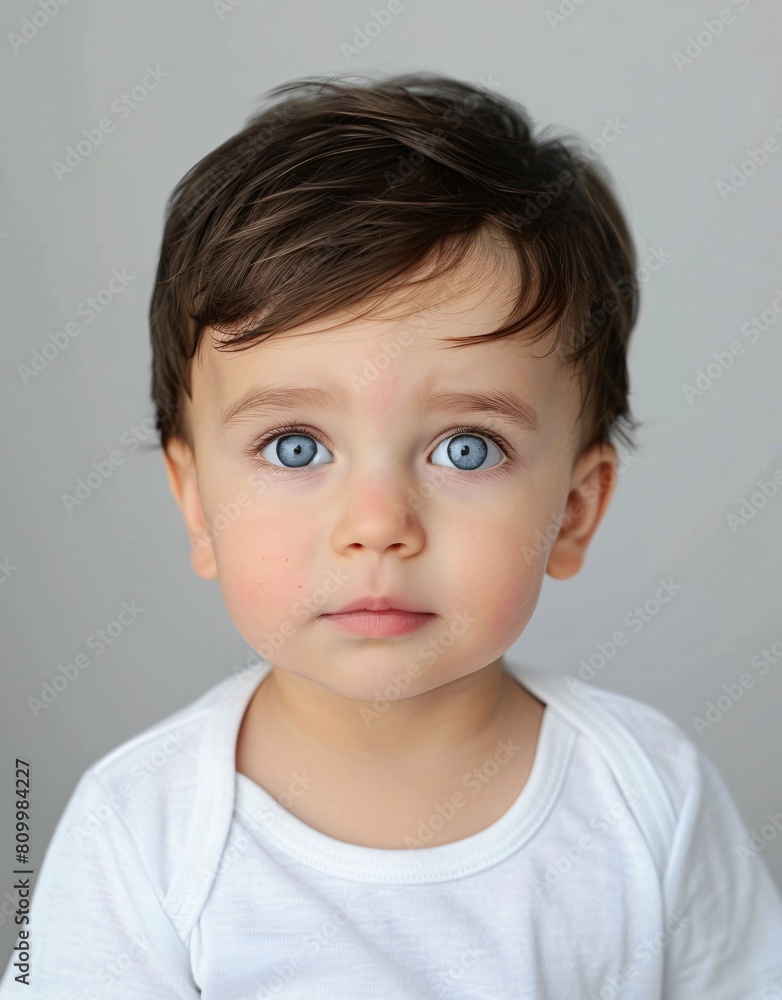 ID Photo for Passport : European baby boy with straight short black hair and blue eyes, without glasses and wearing a white t-shirt ID Photo for Passport : European baby boy with straight short black hair and blue eyes, without glasses and wearing a white t-shirt