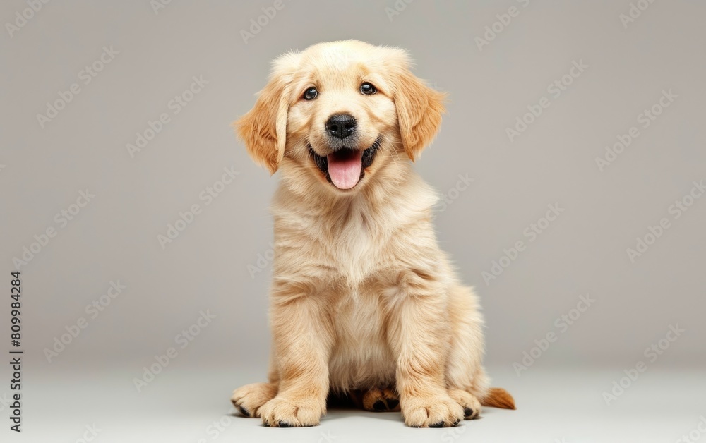 Golden retriever puppy sitting with a playful smile.