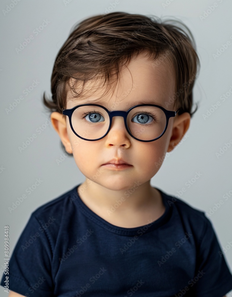 ID Photo for Passport : European baby boy with straight short black hair and blue eyes, with glasses and wearing a navy t-shirt
