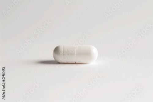 Pristine pill close-up, centered on a stark white, seamless studio background 