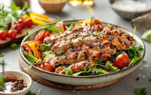Grilled chicken salad with fresh vegetables and leafy greens.