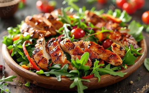 Grilled chicken salad with fresh vegetables and leafy greens.