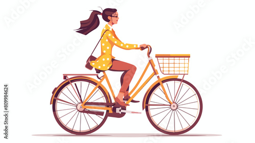 Woman riding bicycle with basket flat vector illustration